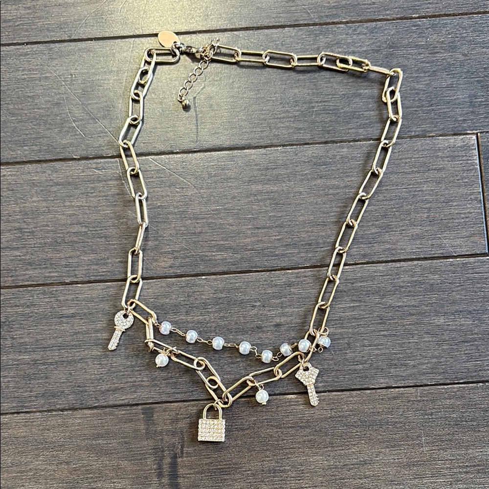 Gold Coloured Chain Link Necklace with Lock and Key Charms and Pearl Accents